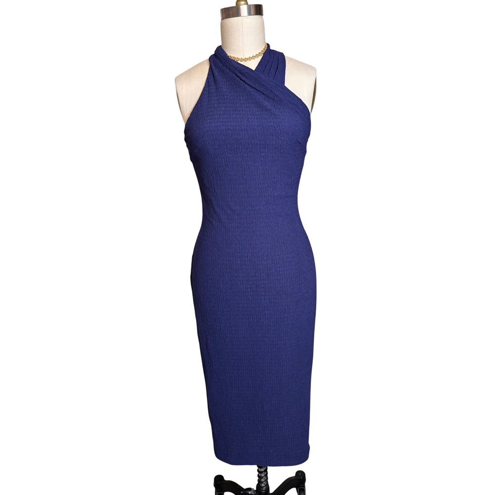 Rachel Rachel Roy Dress Women Small Navy Blue Excellent Halter Neck Crinkle Midi